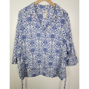 Joie Women's Sz. 2X 100% Linen Blue & White Floral Top